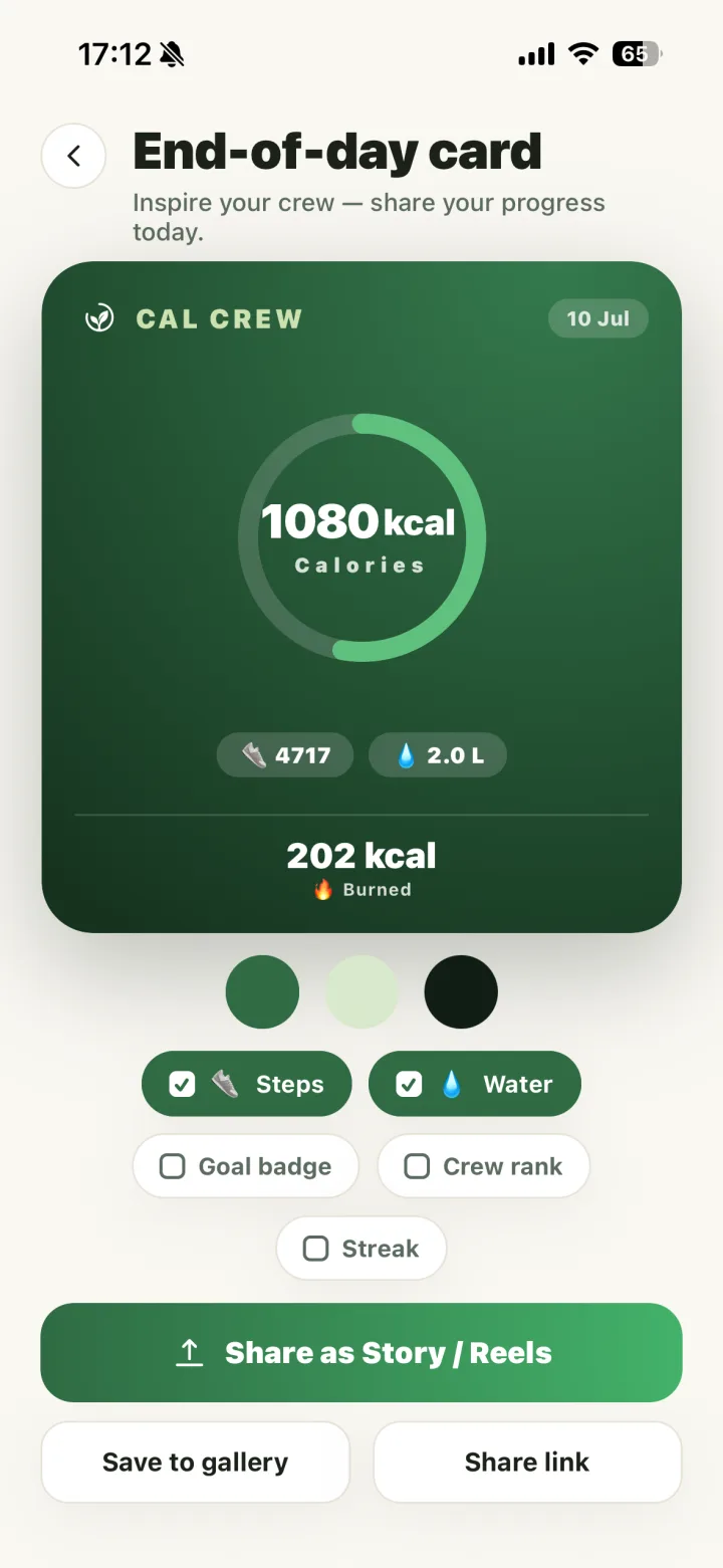 A Cal Crew end-of-day card summarizing calories, steps and water, ready to share
